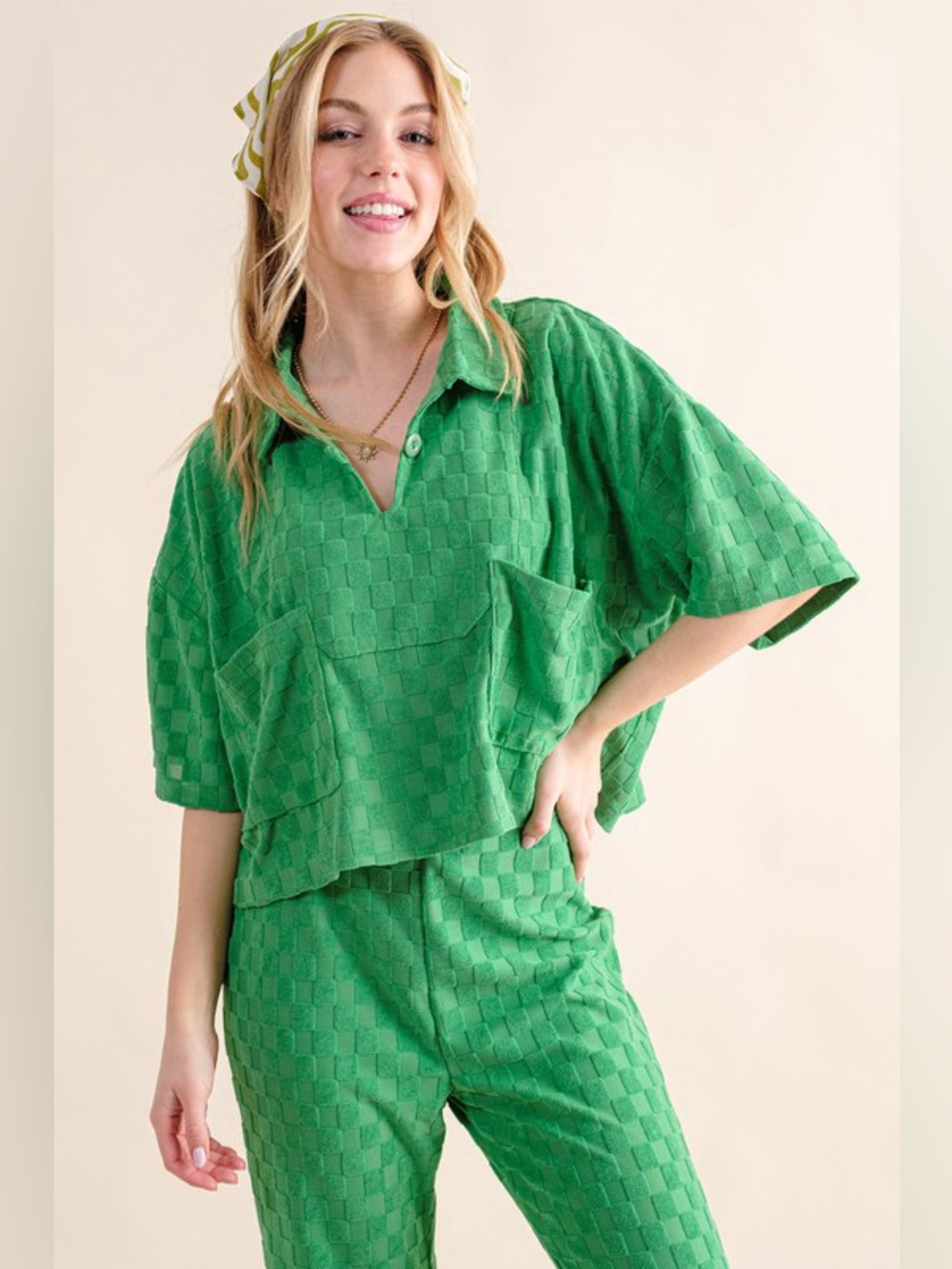 And The Why Brushed Texture Checker Board Pattern Casual Top